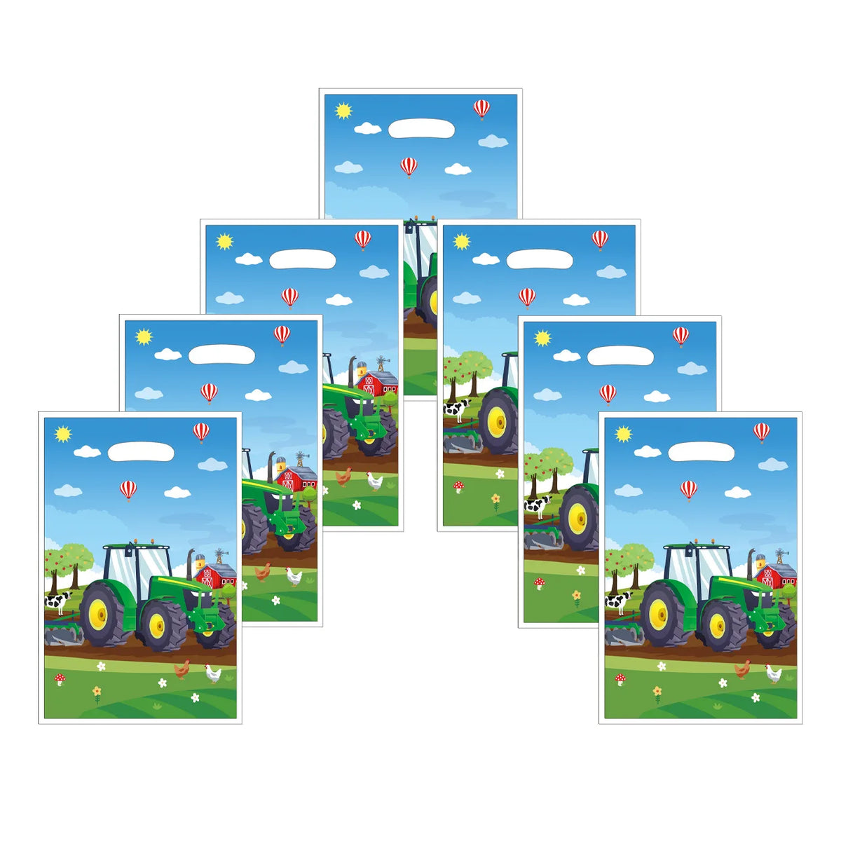 sac cadeau anniversaire paysage rural tracteur ferme animaux ballons illustration cartoon poignées blanches
