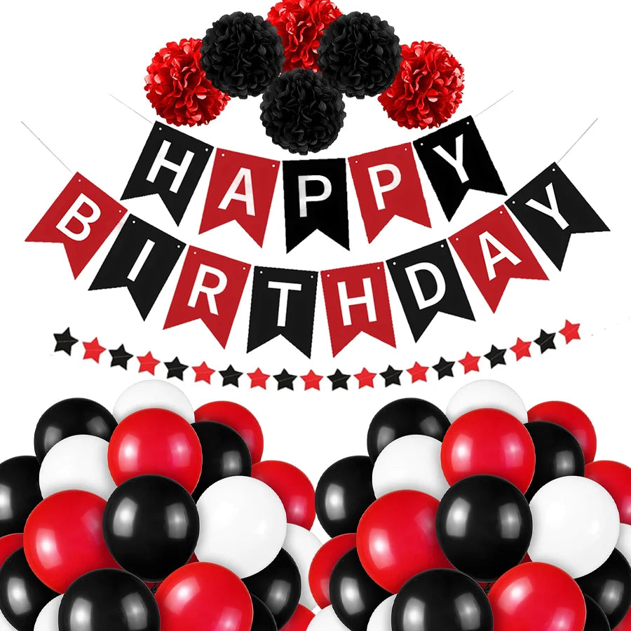 décoration fête anniversaire ballons rouges noirs blancs guirlande étoiles papier brillant moderne festif