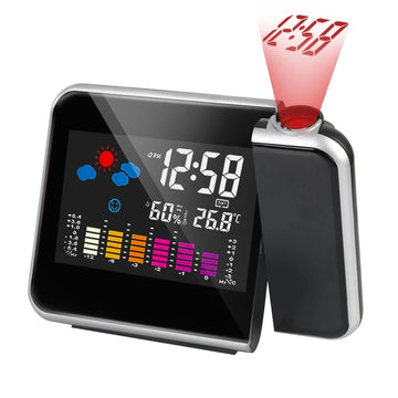 horloge projecteur moderne horaire alarme météo noir gris chambre salon