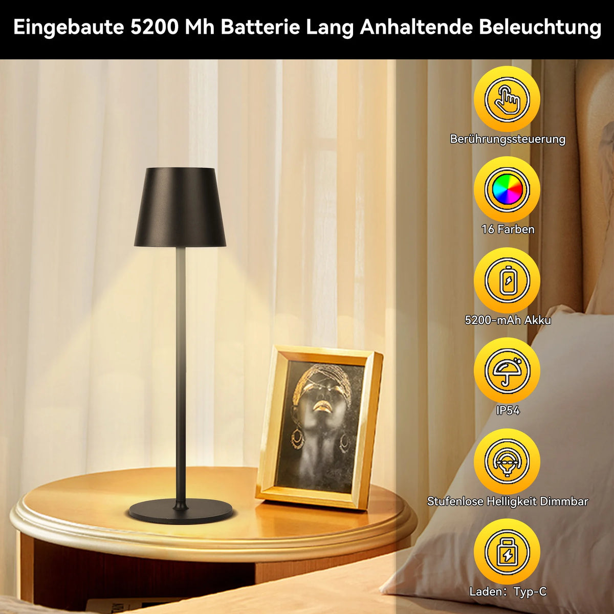 lampe table led rechargeable usb interrupteur tactile noir moderne(touch dimming abs batterie)