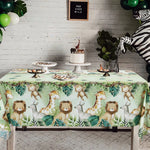 nappe anniversaire animaux jungle girafe lion zèbre singe vert clair feuilles tropicales enfantines festive