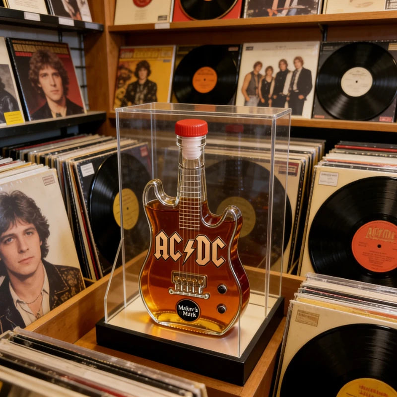 ornement rock bouteille forme guitare ac dc whisky transparent ambré rouge collection décoration plectres