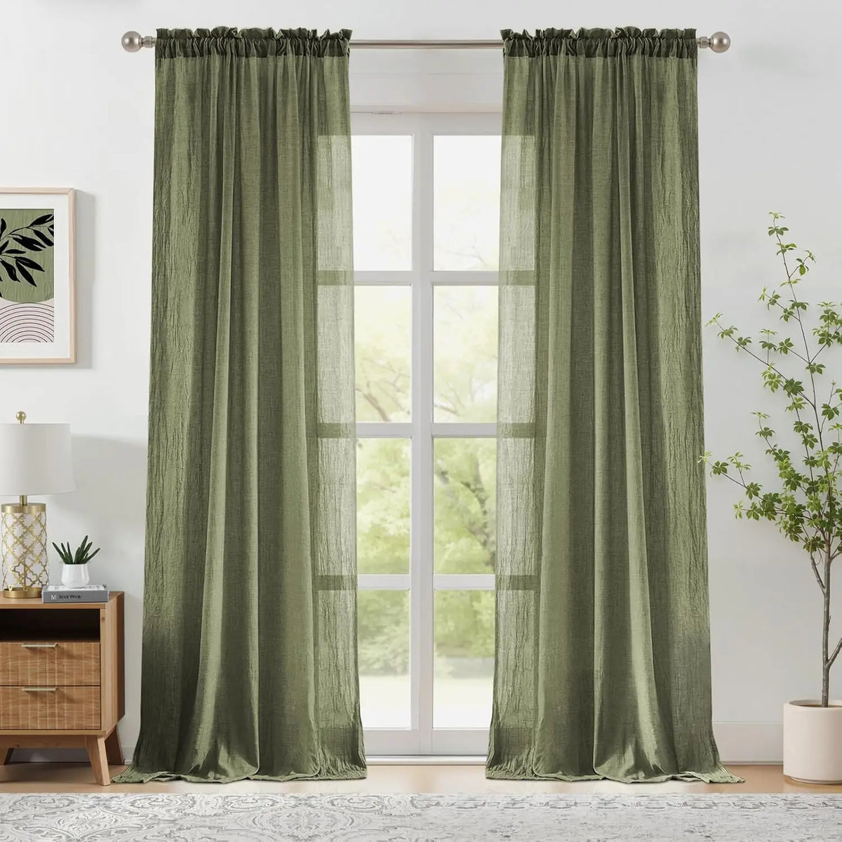 rideaux vert sauge texturés translucides bohèmes fenêtre passe tringle isolation thermique