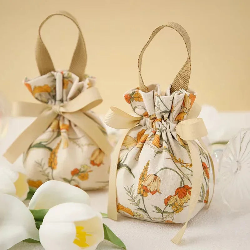sac bonbons portable toile motif floral ruban blanc réutilisable emballage cadeau mariage anniversaire noël