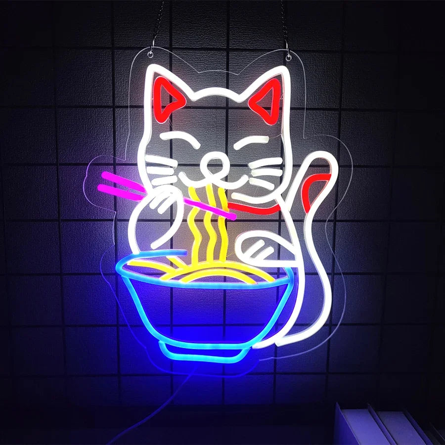 décoration murale néon chat nouilles ramen couleurs vives moderne suspension câbles usb