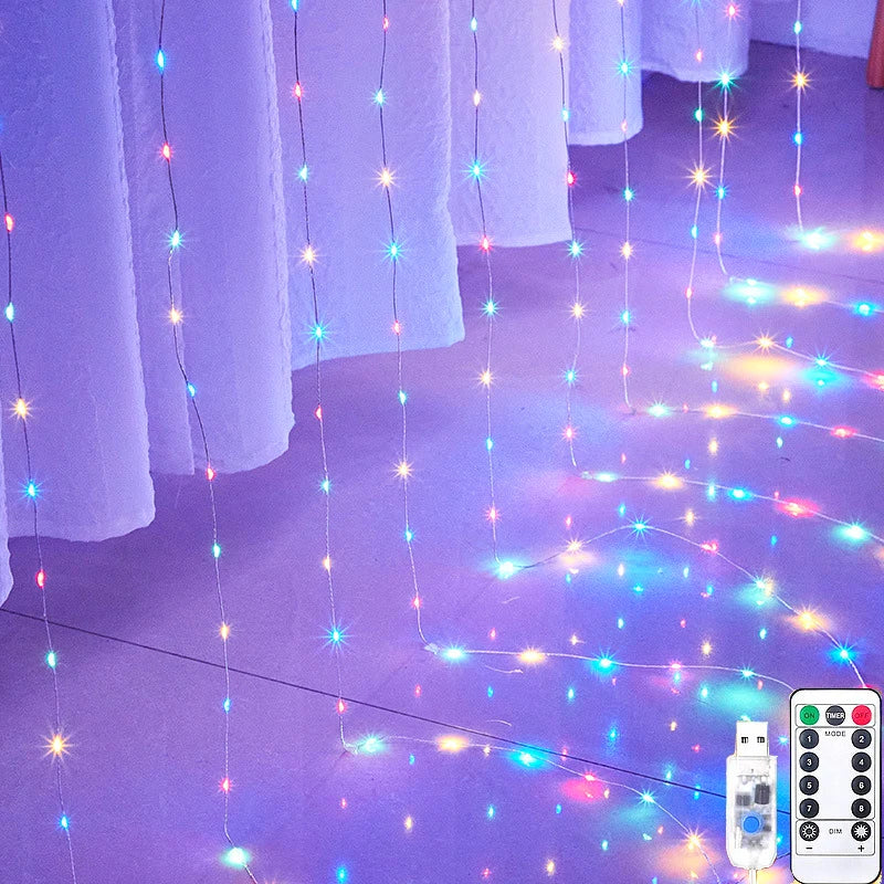 rideau lumineux led blanc doré moderne transparent télécommande usb adaptable noël ramadan nouvel an