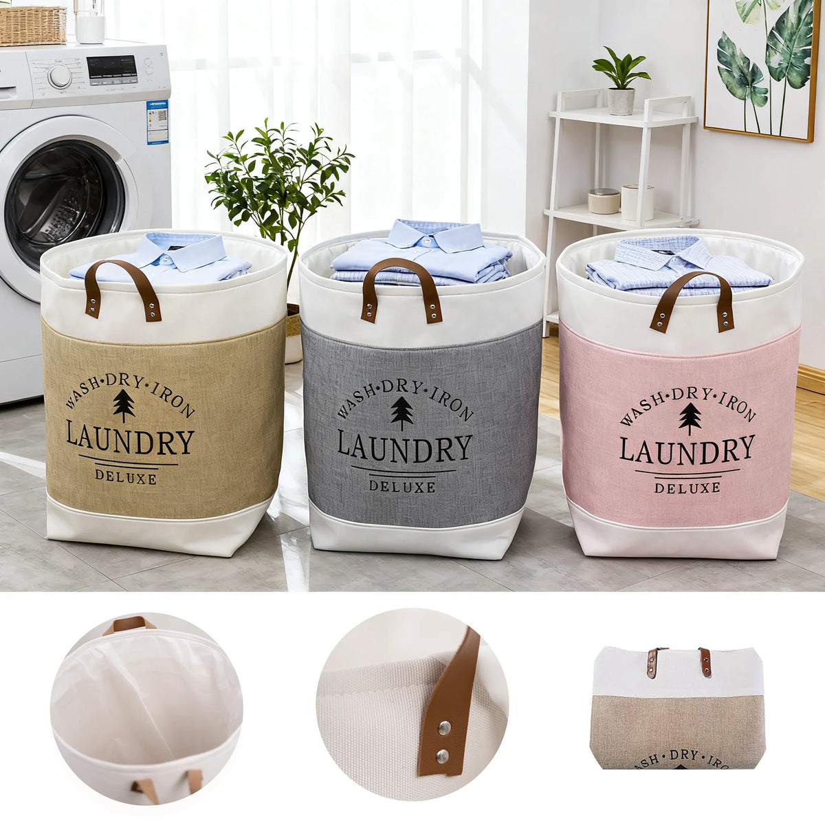 panier linge pliable toile coton imprimé WASH.DRY.IRON beige gris rose poignées cuir marronintérieur blanc