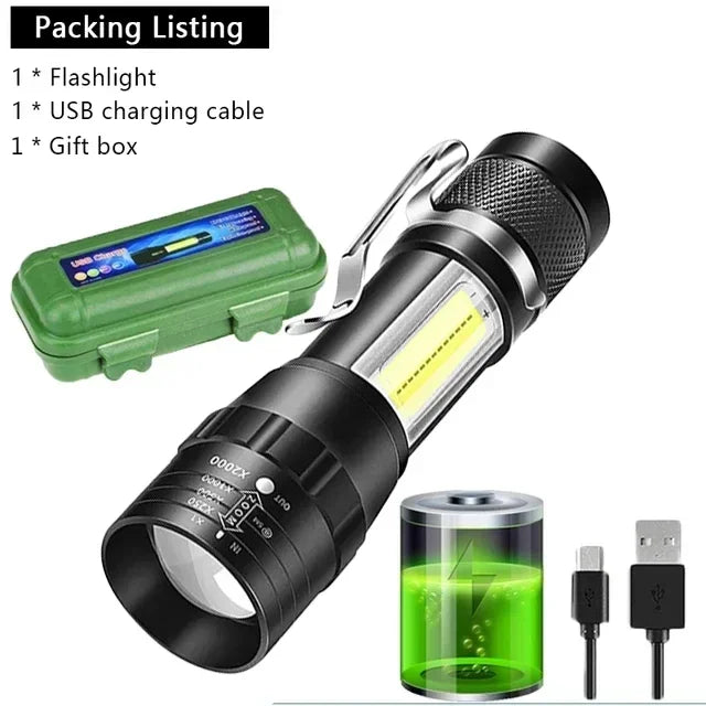 lampe torche rechargeable usb zoomable 10w led camping pêche urgence noire compacte métallique