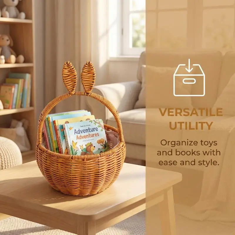 panier tressé marron clair oreilles lapin poignée traditionnel intérieur enfant livres fruits plantes chambre