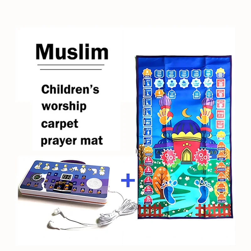 tapis prière enfant motifs islamiques couleurs vives boîte contrôle câble audio écouteurs moderne bleu