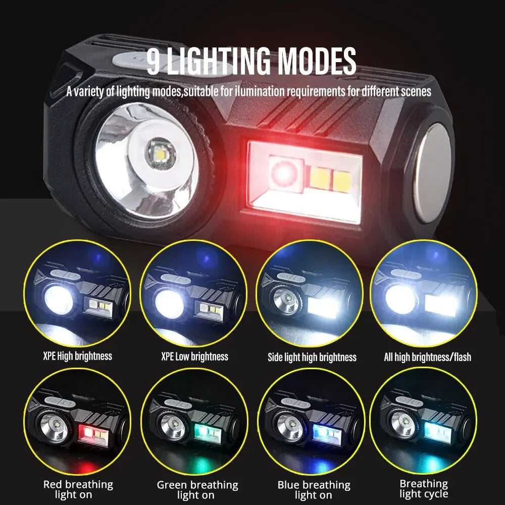 lampe frontale led rechargeable clip aimant bandes elastics couleurs multiples utilitaire camping fishing