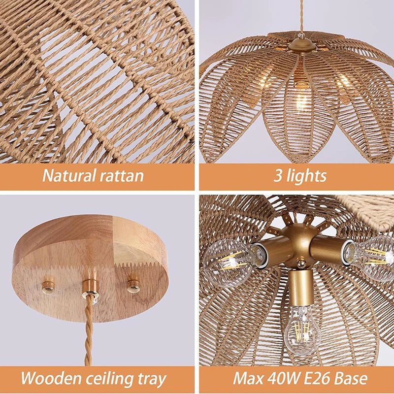 Vue de dessous du lustre montrant la structure en rotin