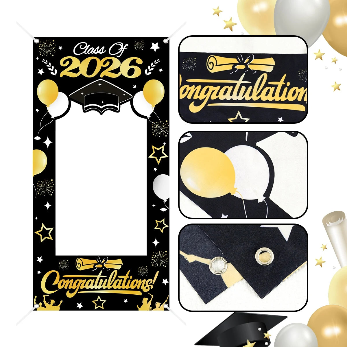 décoration photo graduation motif diplômes étoiles ballons festif noir or blanc
