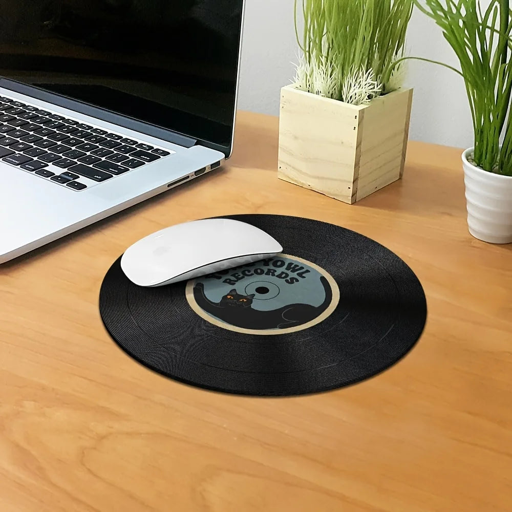 tapis souris rond imitation vinyle chat noir deco musicale antidérapant caoutchouc noir bleu beige