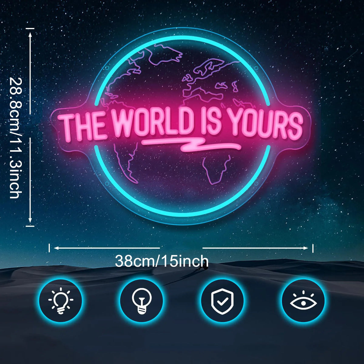 enseigne lumineuse néon carte monde THE WORLD IS YOURS bleu rose blanc fixations intérieur