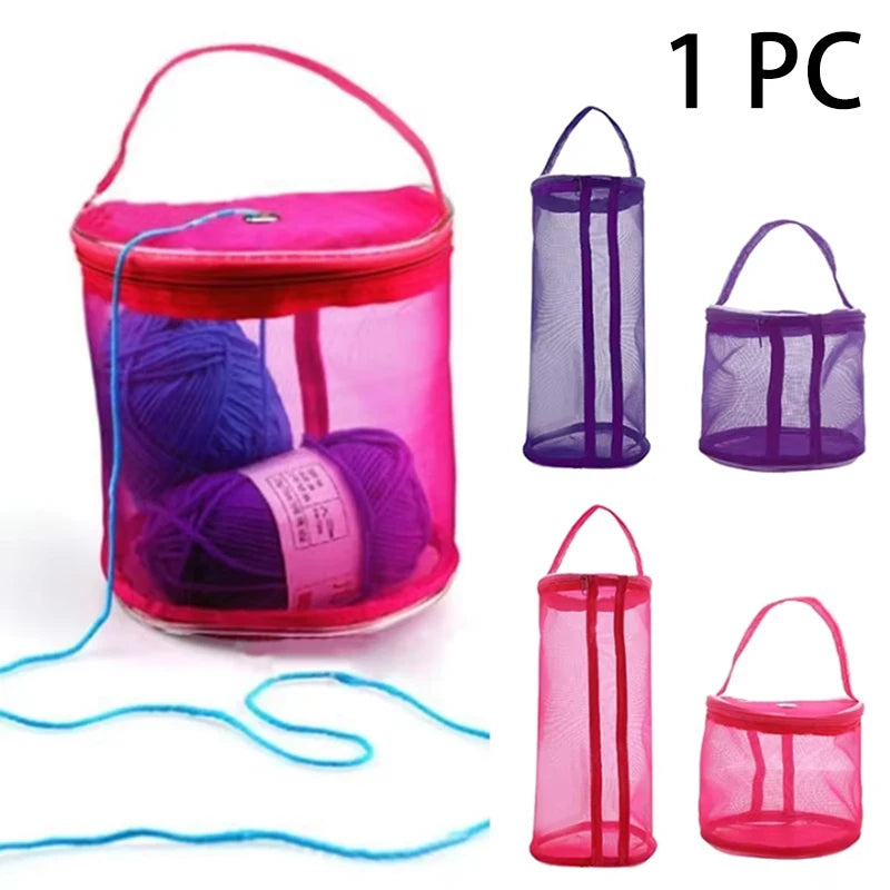 sac maille pratique moderne rose violet bleu boules laine poignée organise laines outils tricot