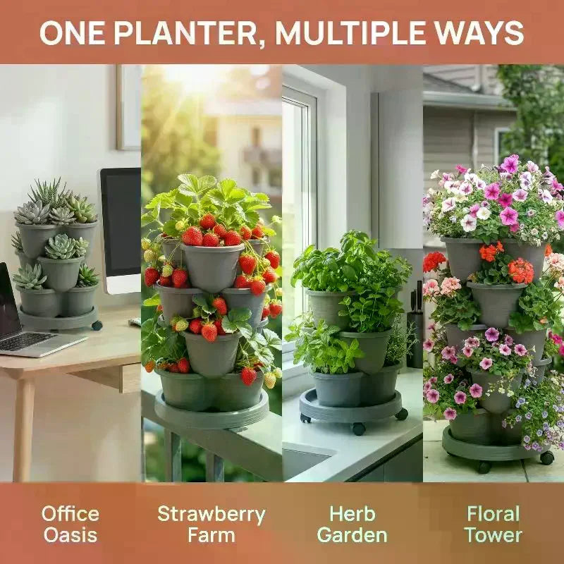 jardinière verticale empilable moderne pots intégrés fraises herbes aromatiques fleurs gris orange vert