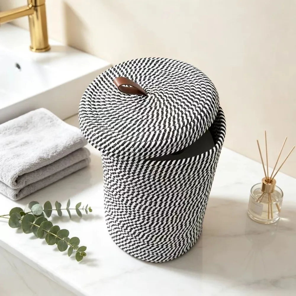 panier rangement corbeille linge noir blanc rayures diagonales moderne respectueux environnement poignée cuir