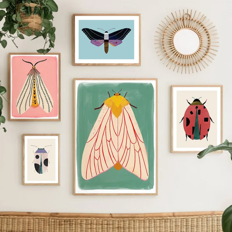 Affiche moderne insectes illustrations stylisées coton toile sans cadre chambre décoration rouge verte noire