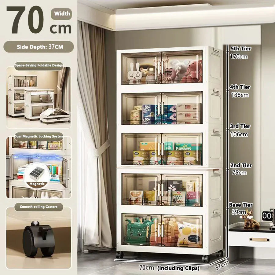 meuble rangement modulable blanc roulettes portes transparentes rayures verticales modernes