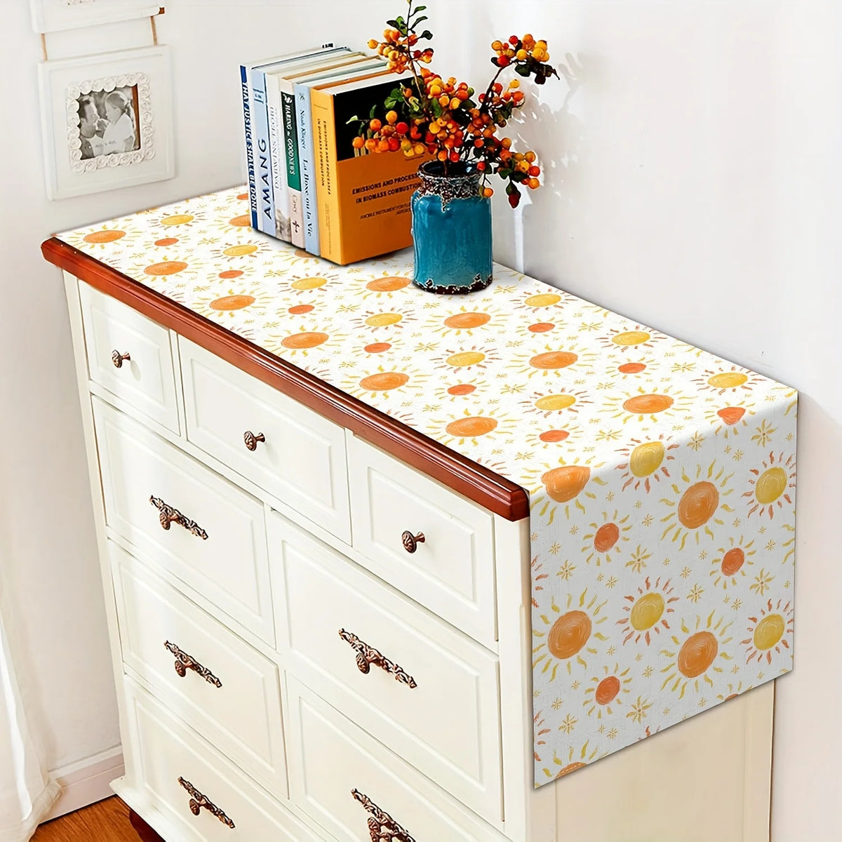 chinois moderne chemin table lin soleils colorés blanc orange jaune festive salle manger