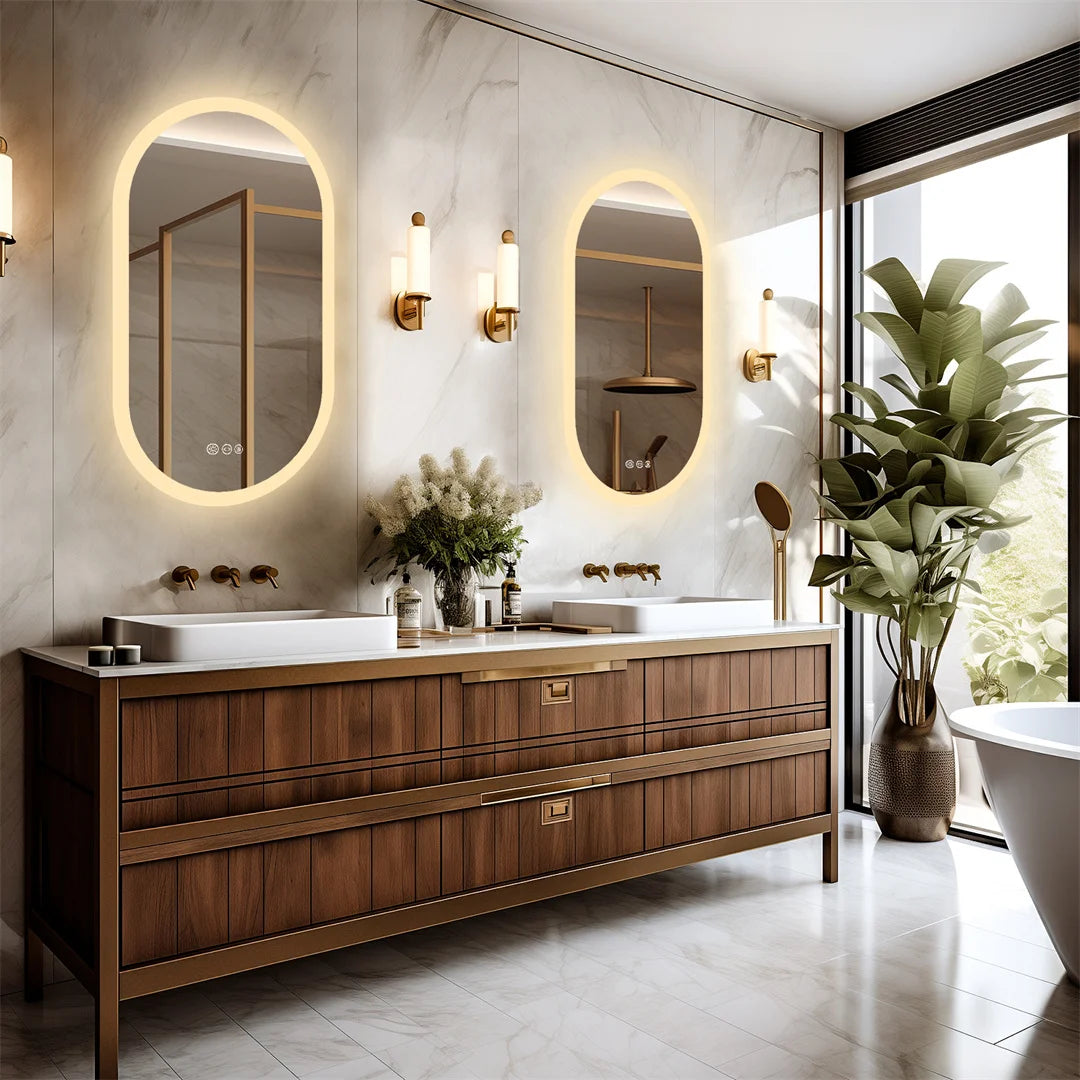 miroir ovale moderne éclairé antipoussière vasque marbre blanc salle bain