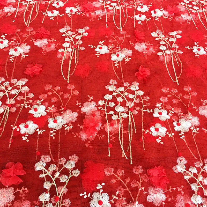 tissu brodé 3d fleurs relief dorées polyester translucide rose bleu vert rouge matériaux bricolage