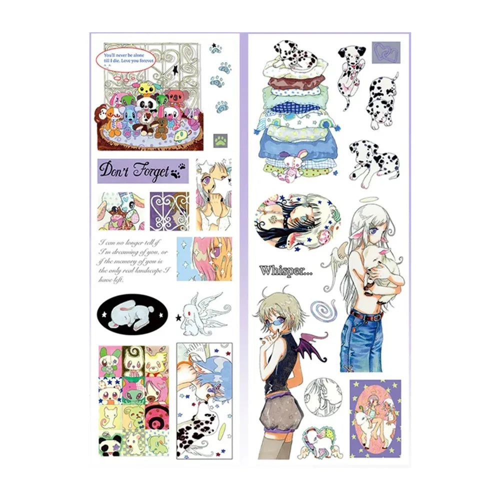 stickers anime personnages animés chiens chats motifs floraux textes colorés rose pâle gris blanc