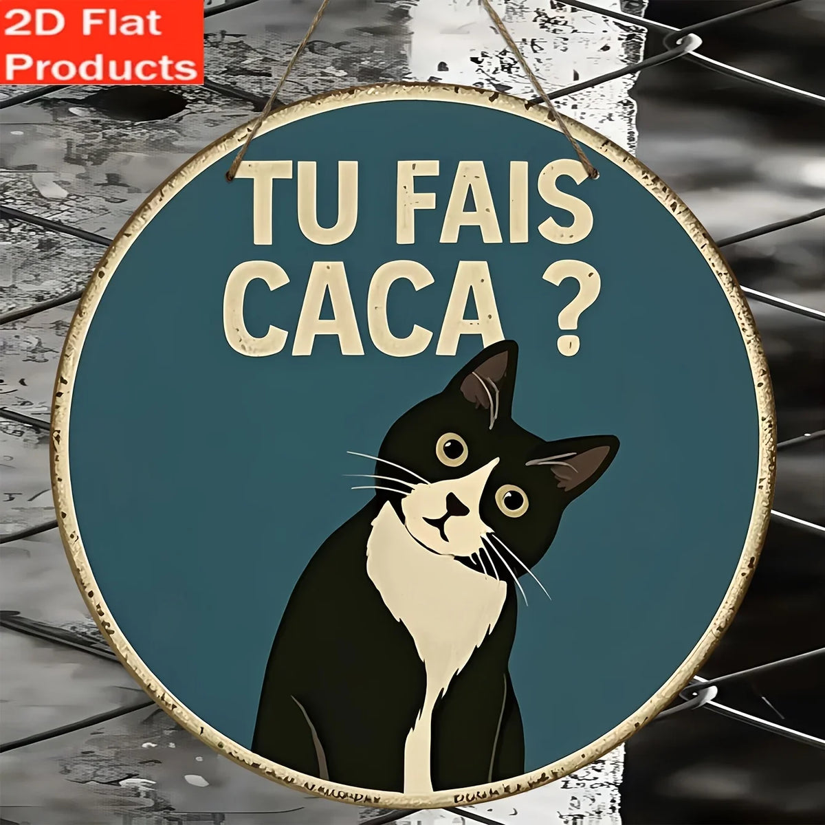 plaque decorative circulaire vintage humouristique chat noir blanc tu fais caca bleu foncé beige