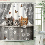 rideau douche polyester chats fleurs papillons moderne gris blanc orange