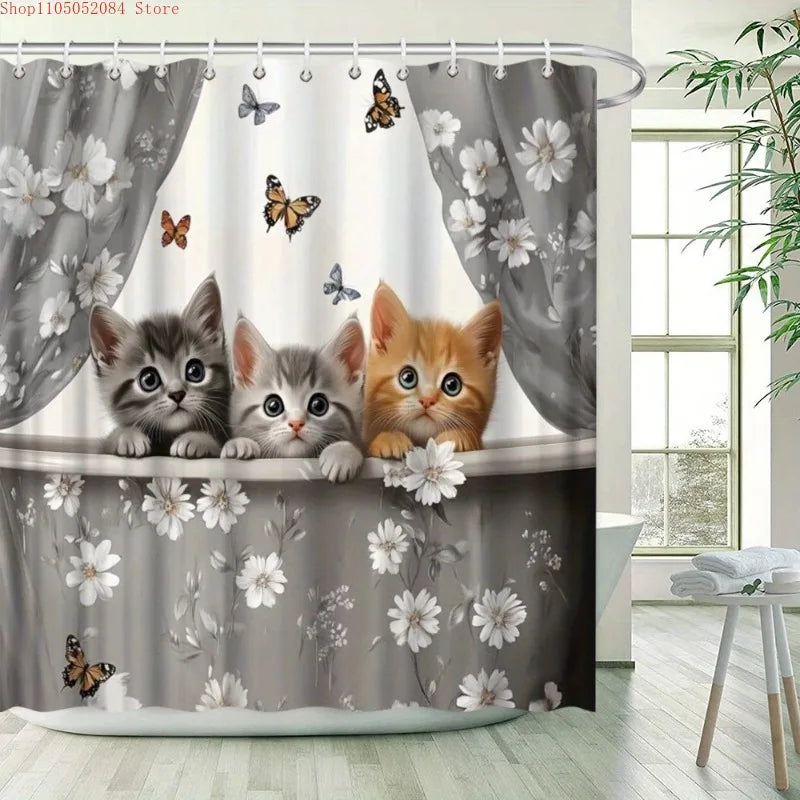 rideau douche polyester chats fleurs papillons moderne gris blanc orange