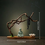 statue bouddha fleur lotus prière support bois artisanal naturel vert noir blanc brun