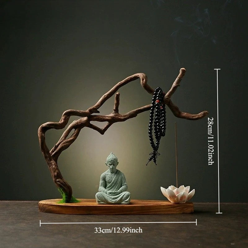 statue bouddha fleur lotus prière support bois artisanal naturel vert noir blanc brun