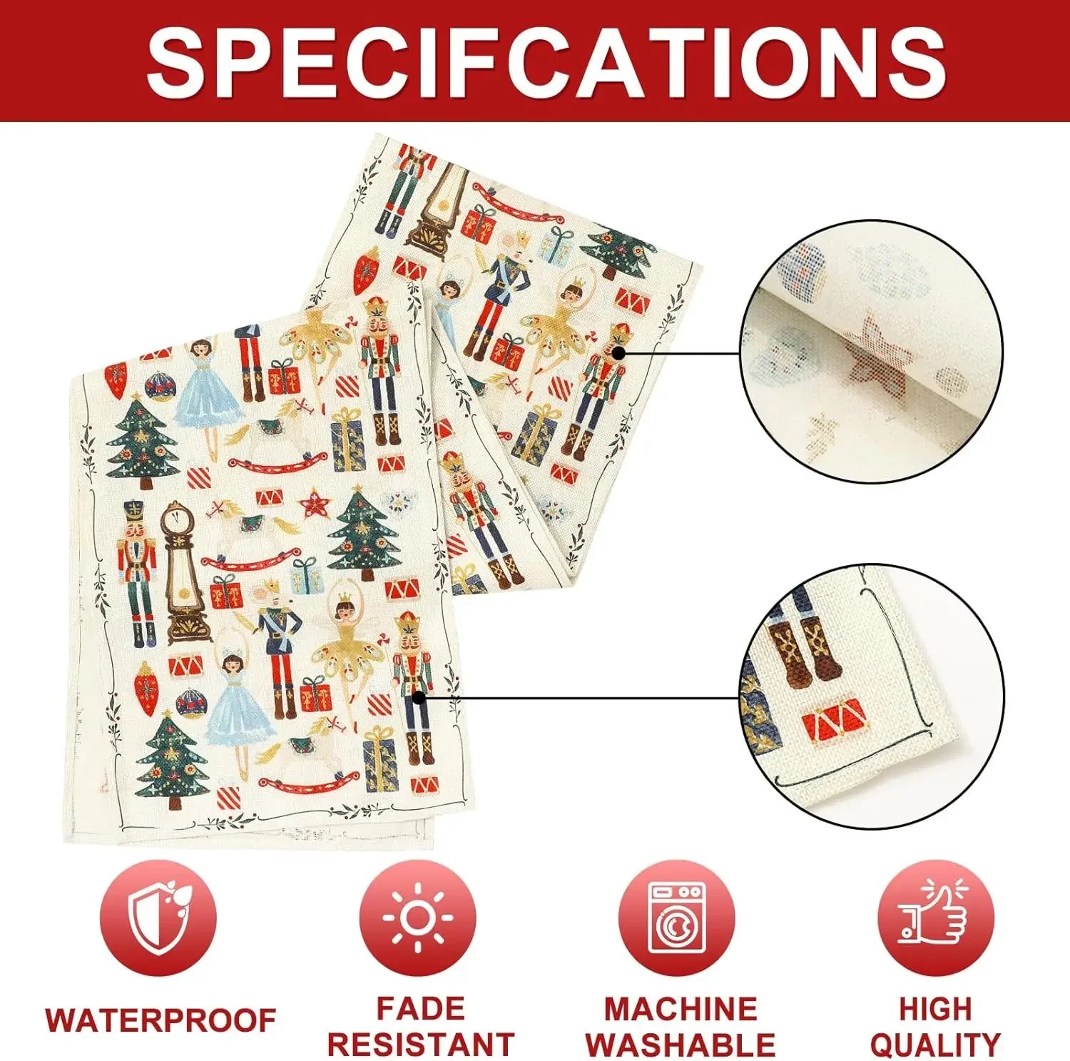 Motif de Noël avec des personnages et des décorations sur un fond clair, doté d'une résistance aux UV, lavable en machine et d'une qualité supérieure.