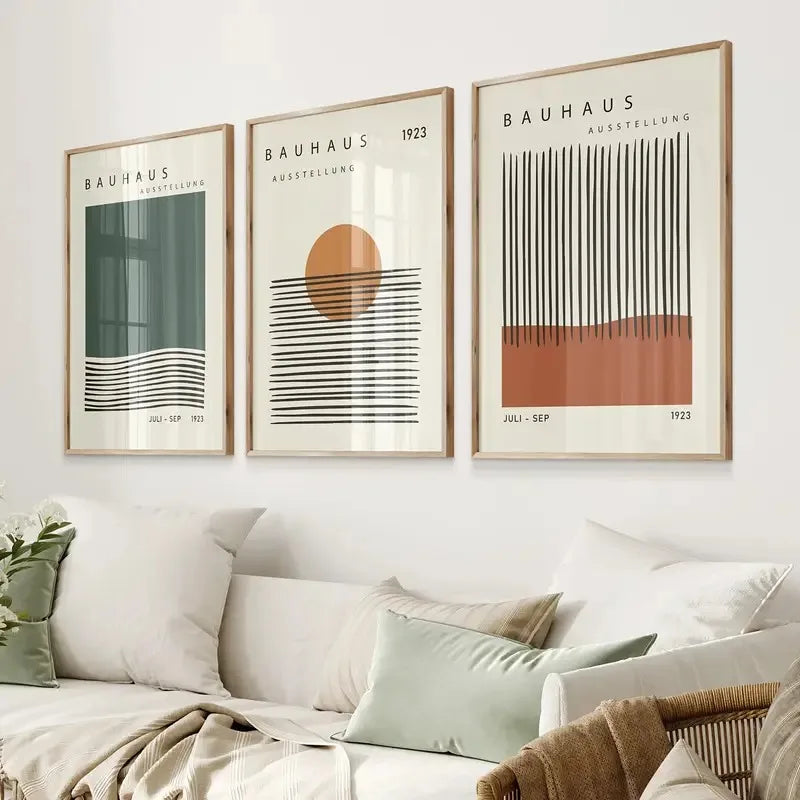 affiches abstraites vert beige orange moderne minimaliste lignes horizontales cercles géométriques salon chambre