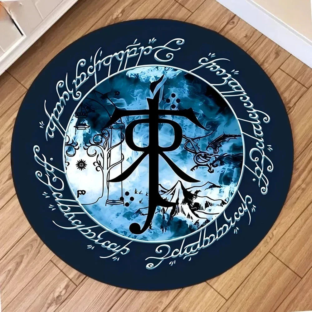 tapis rond moderne lettres stylisées arbre floral noir bleu vert marron clair 40x40cm 80x80cm