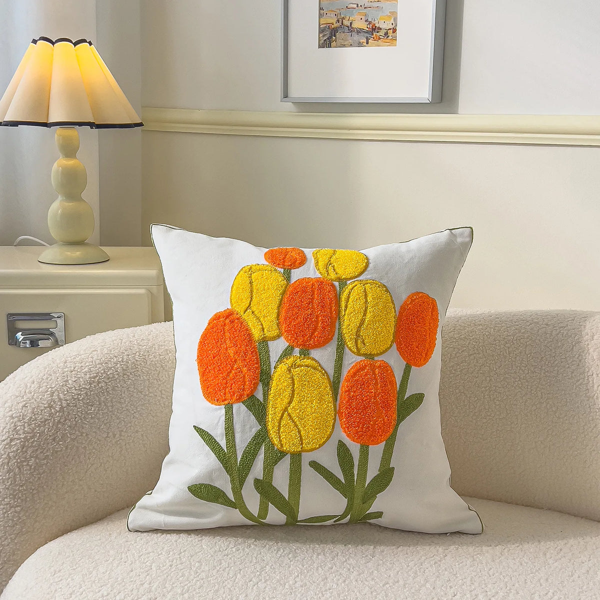 taie d'oreiller carrée fleur motif moderne polyester coton 45x45cm blanc