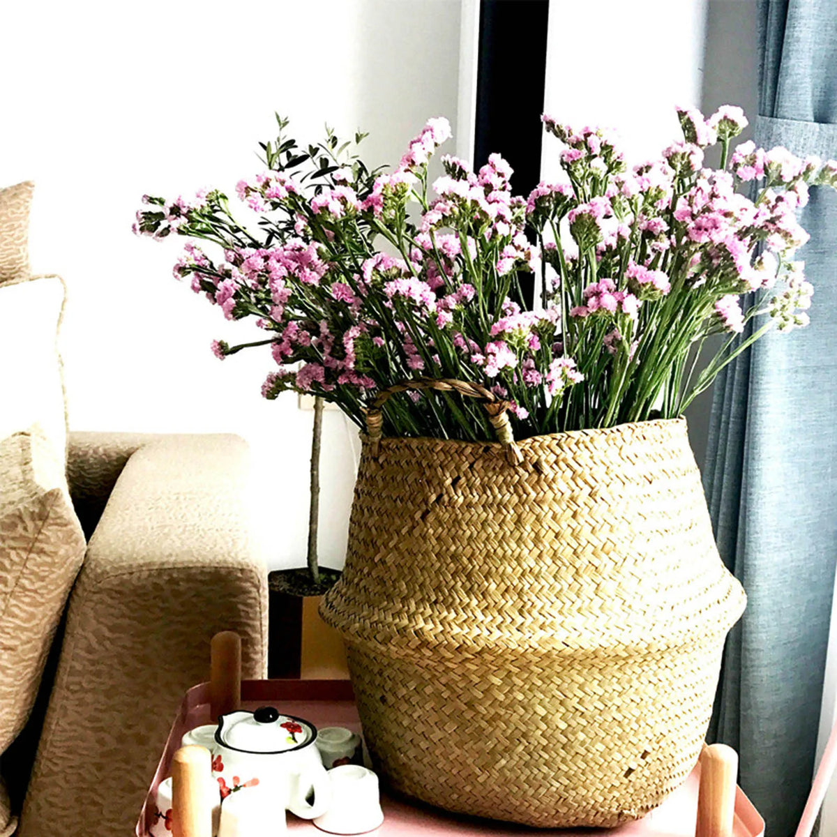 panier pliable tissage paille naturel rustique poignées porte plantes decoration maison