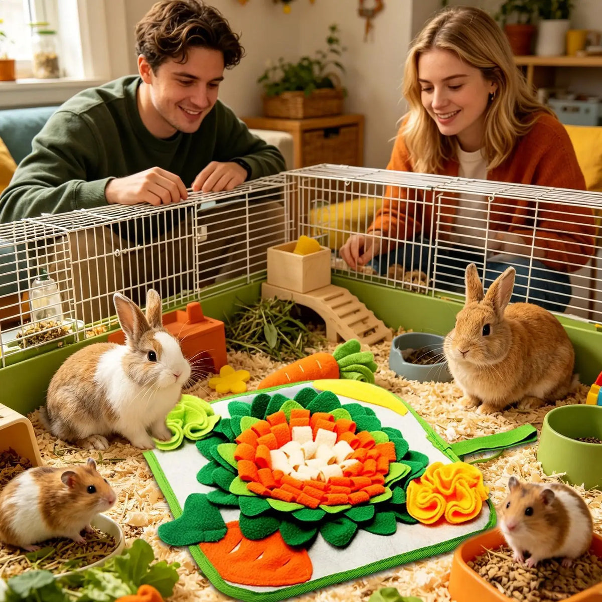 tapis jeu animal compagnie vert orange blanc fleurs carottes texturé poignée amovible 30cmx30cm