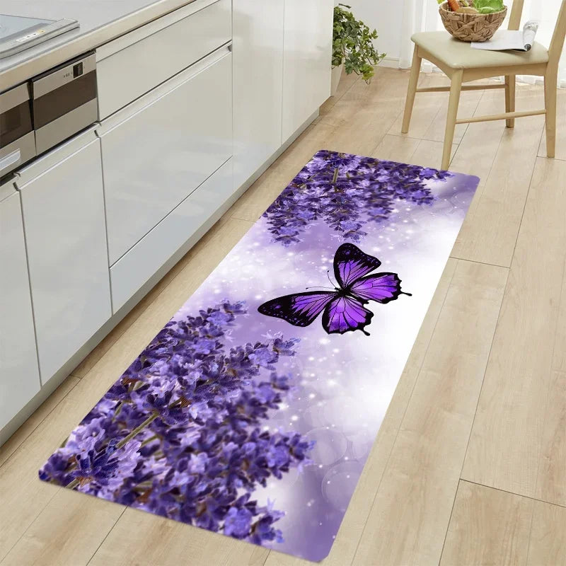 tapis moderne violet blanc fleurs papillons antidérapant sol chambre salon entrée