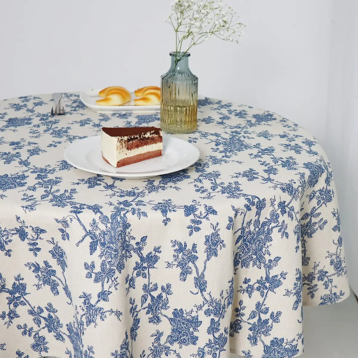nappe table ronde beige bleue motif fleurs vintage coton lin rustique mariage fête