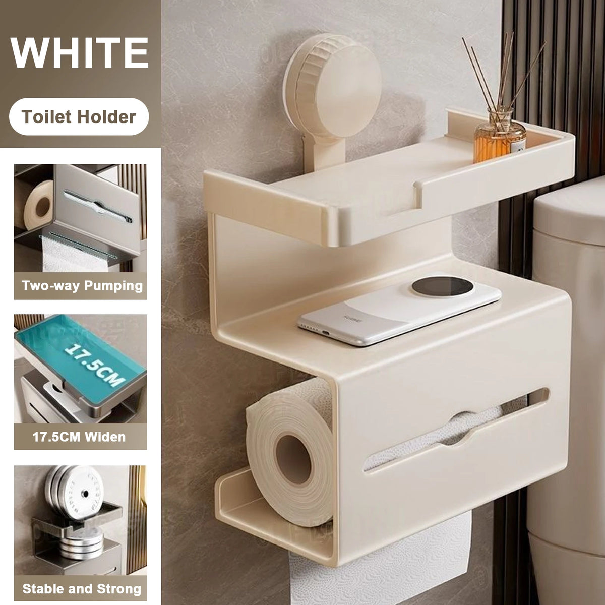 porte rouleau papier toilette mural adhésif moderne minimaliste beige gris mouchoirs cosmétiques bijoux téléphone