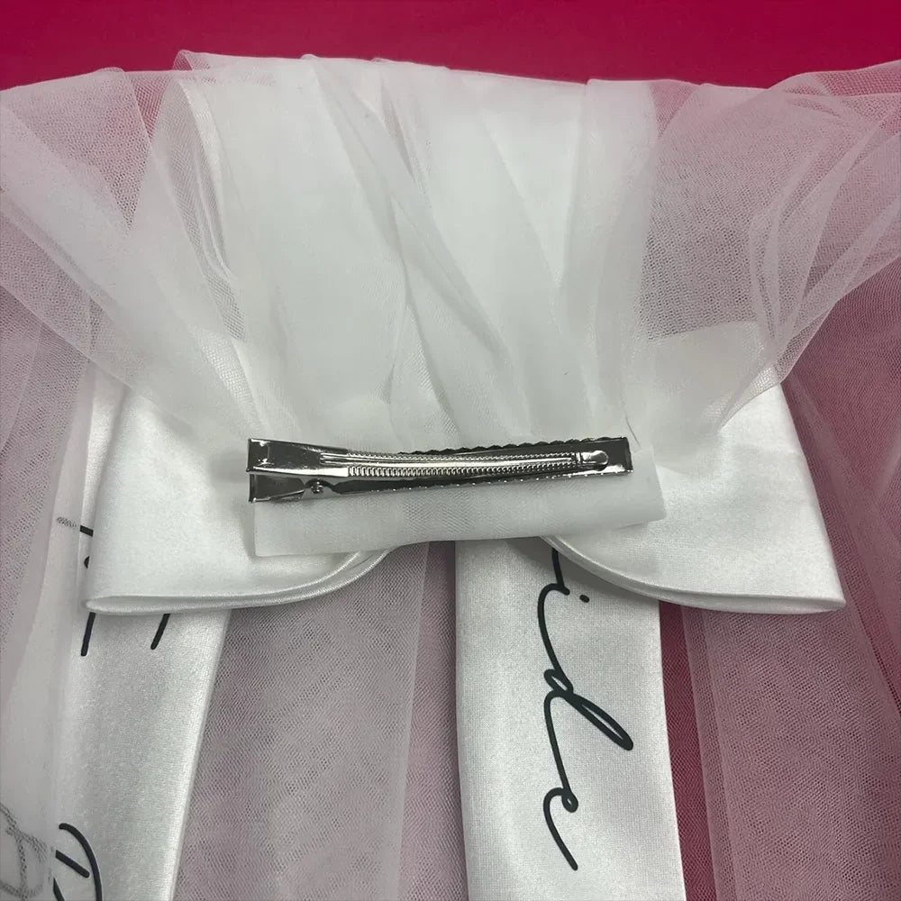 voile mariée tulle transparent BRIDE lettres brillantes blanc rose ruban noeud