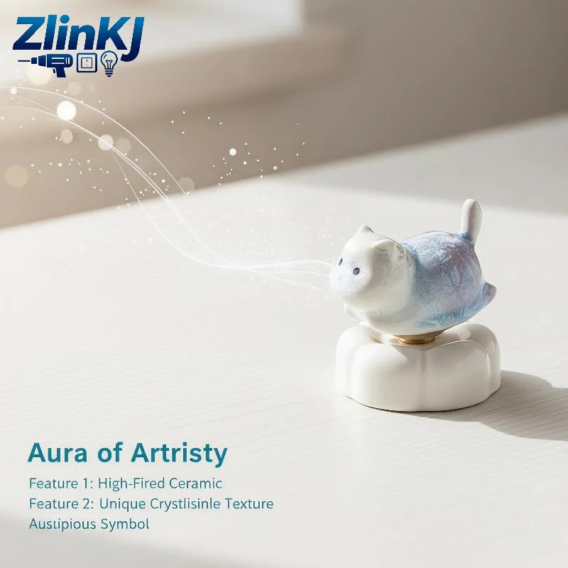 statuette artisanale chat blanc bleu rose gris texture craquelée moderne décoration intérieure base plate