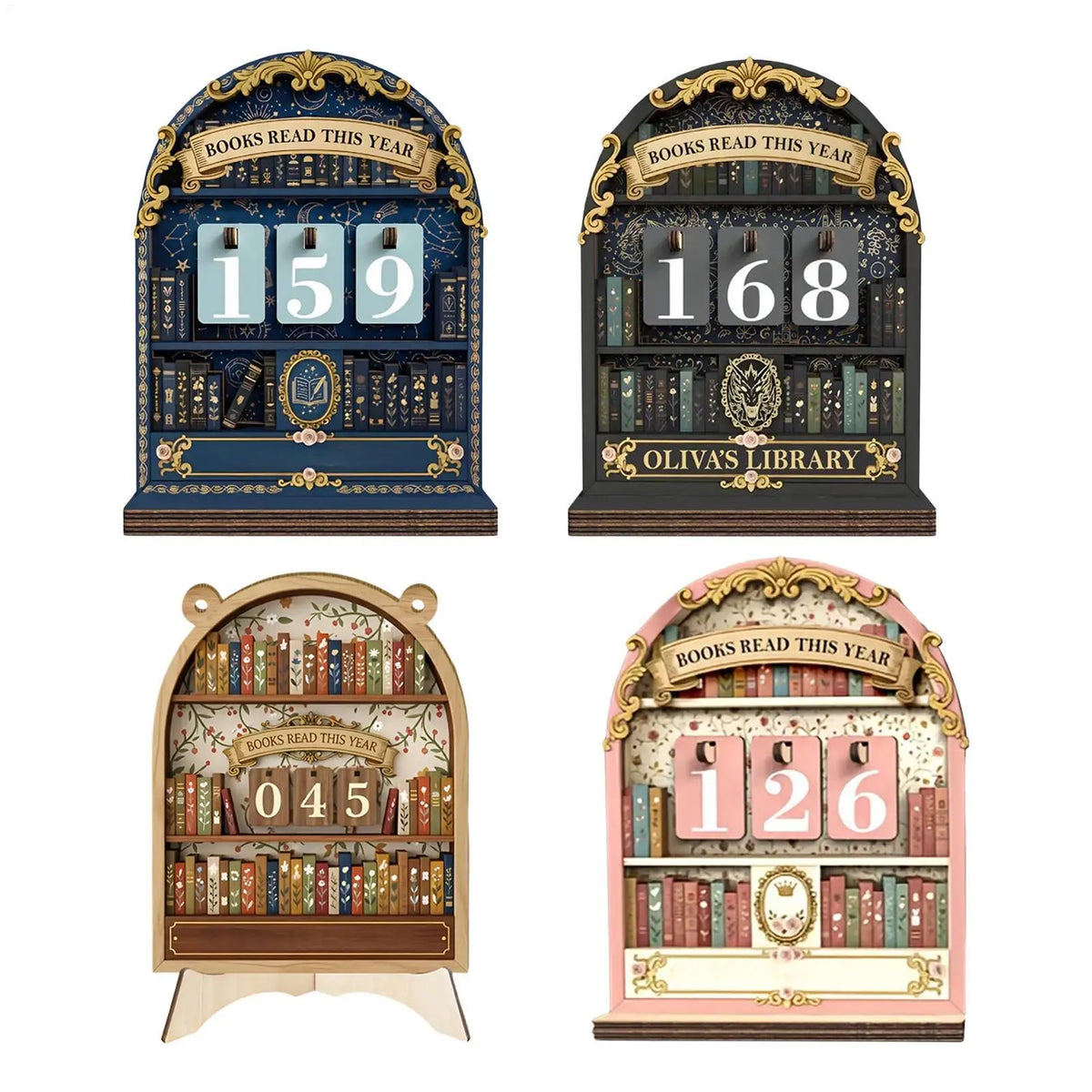 décoration bibliothèque miniature vintage suivi livres lus chiffres rotatifs bois floral doré salon chambre
