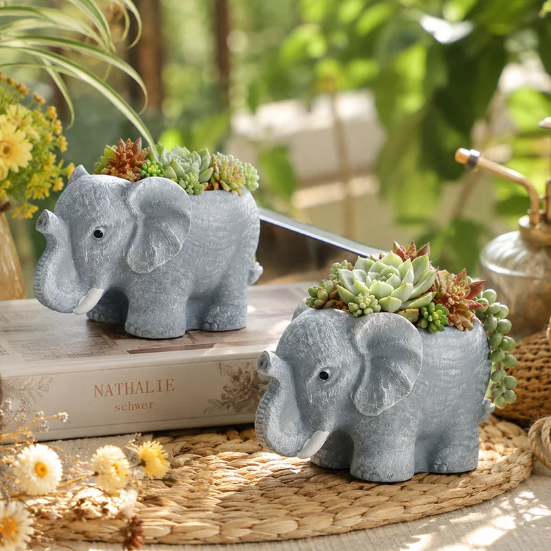pots fleurs forme éléphant gris clair aspect texturé effet pierre decoratif animalier succulentes differentes