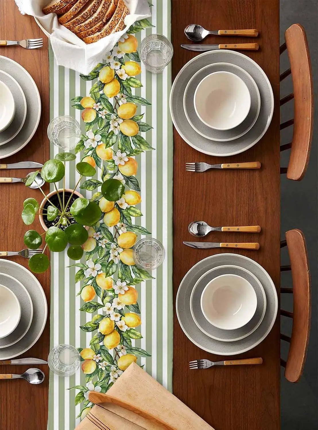 table table lin motif citrons fleurs rayures vertes esté