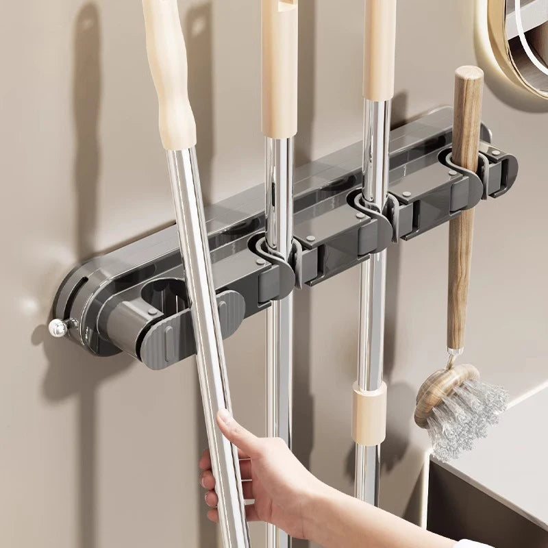 porte balai mural moderne clips fixation balai poignée brosse papier toilette gris beige blanc