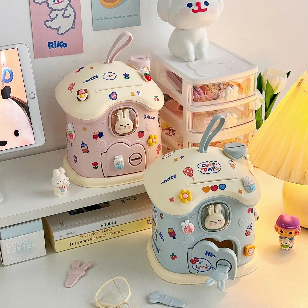 jouet maison banque rose bleu lapins ballons fruits cartoon enfant porte fenetre poignée cute
