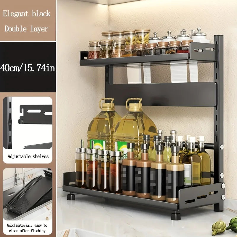 étagère cuisine noir moderne acier inoxydable multifonctionnelle pieds bocaux condiments bouteilles huile sauce